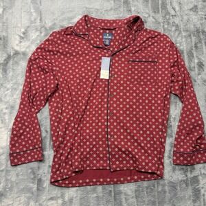 Stafford Mens Pajama Top XL Geo Burgundy Long Sleeve Button Up Sleep Shirt NEW